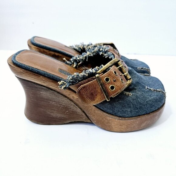 Schutz Y2K Wooden Denim Clog Heels Size 6M Wedge 90's Leather Buckle Fringe - Picture 1 of 7